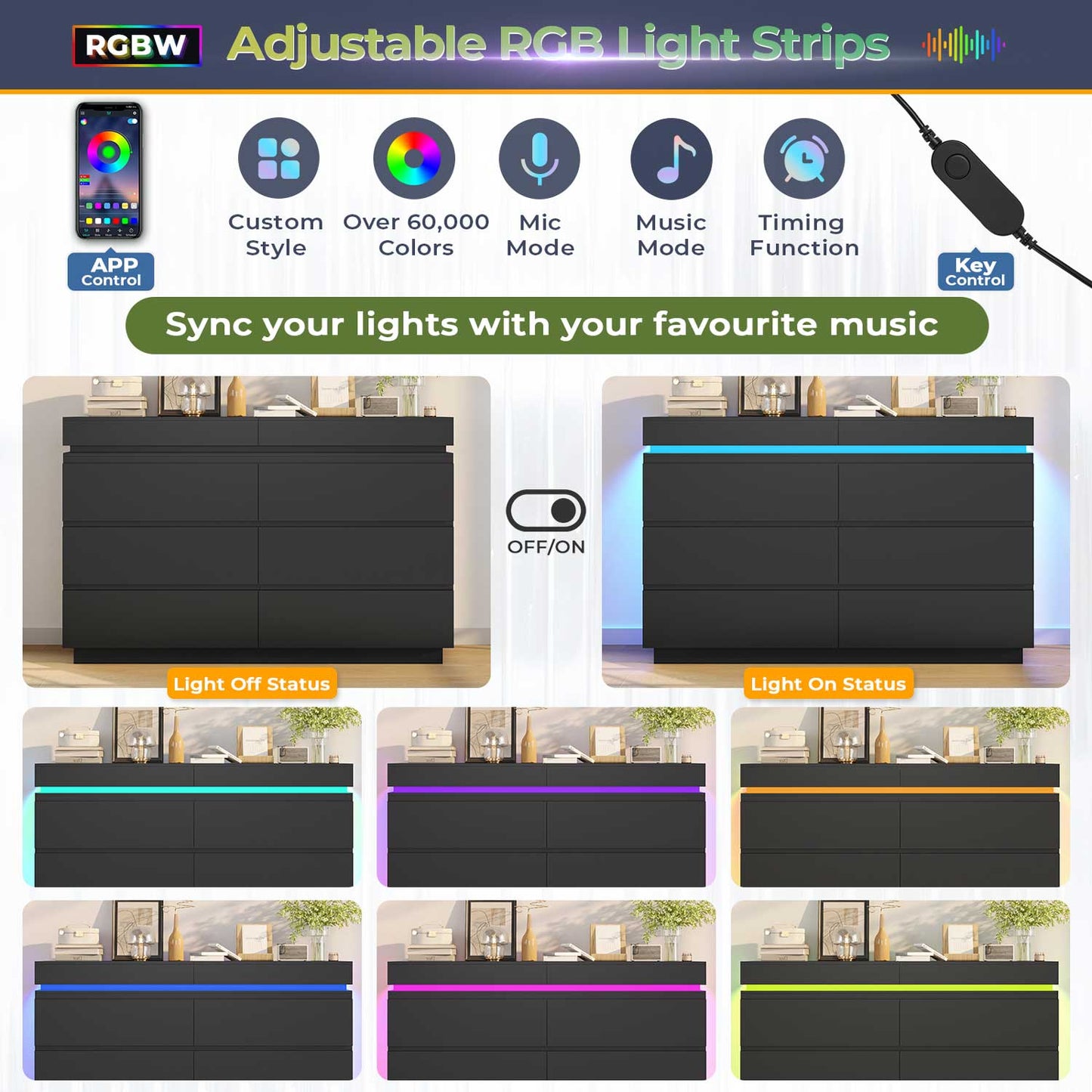 Wide Dresser with LED Lights 6 Drawers Black