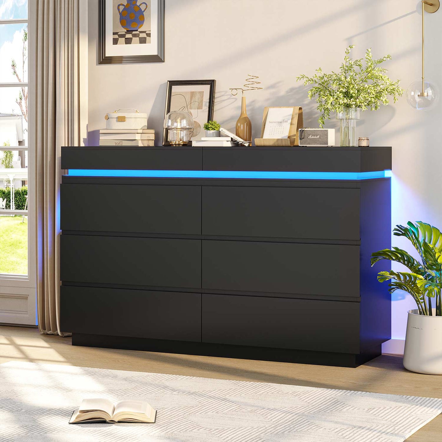 Wide Dresser with LED Lights 6 Drawers Black
