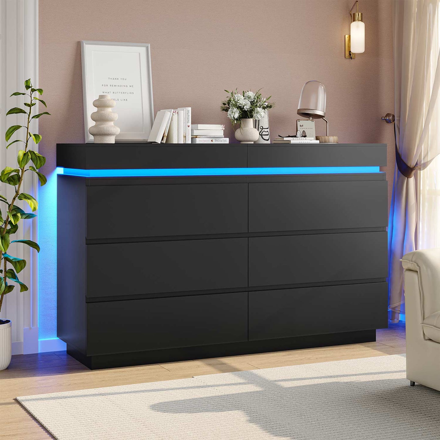 Wide Dresser with LED Lights 6 Drawers Black