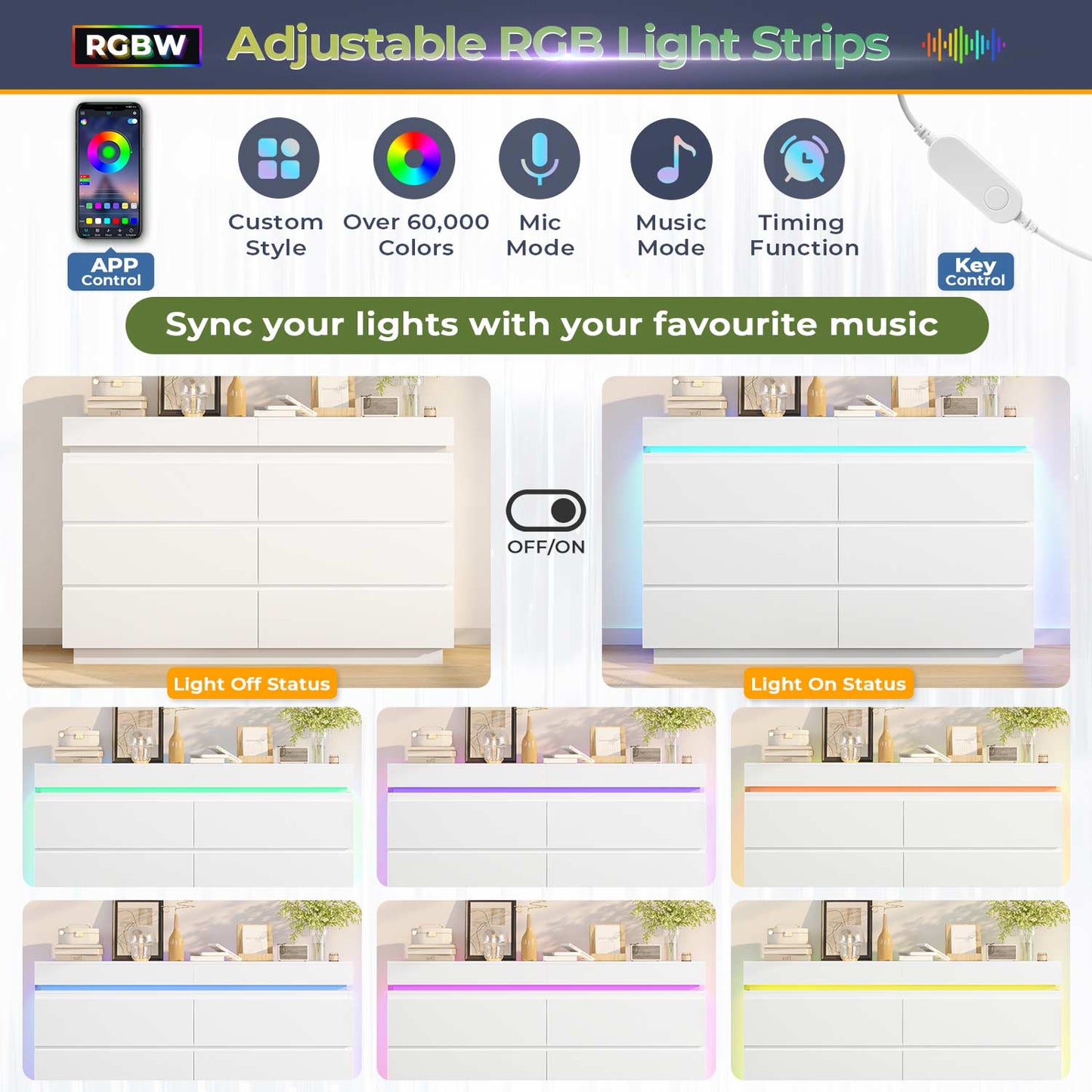 Wide Dresser with LED Lights 6 Drawers White