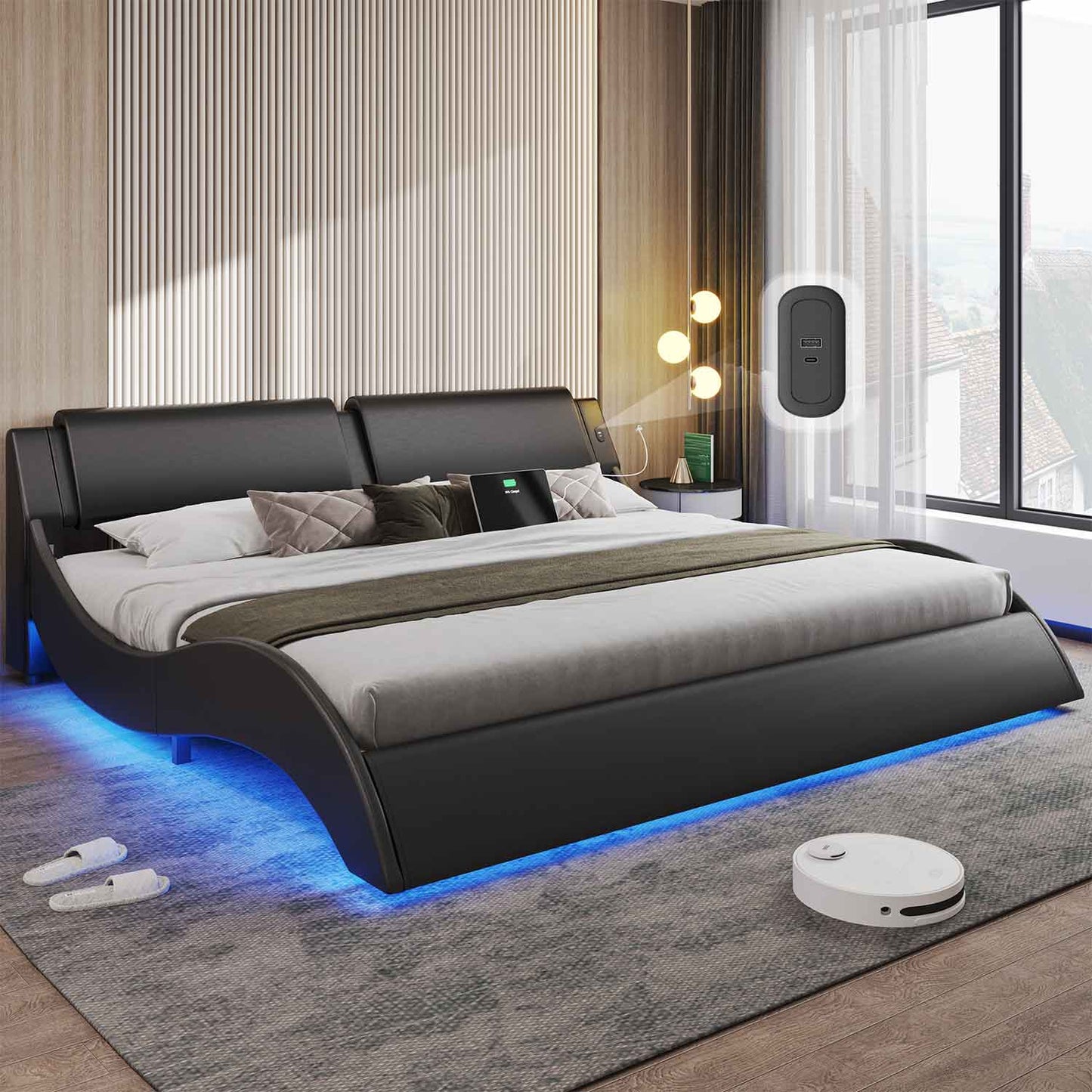 Wave Like Curve LED Bed Frame with Charging Station Black