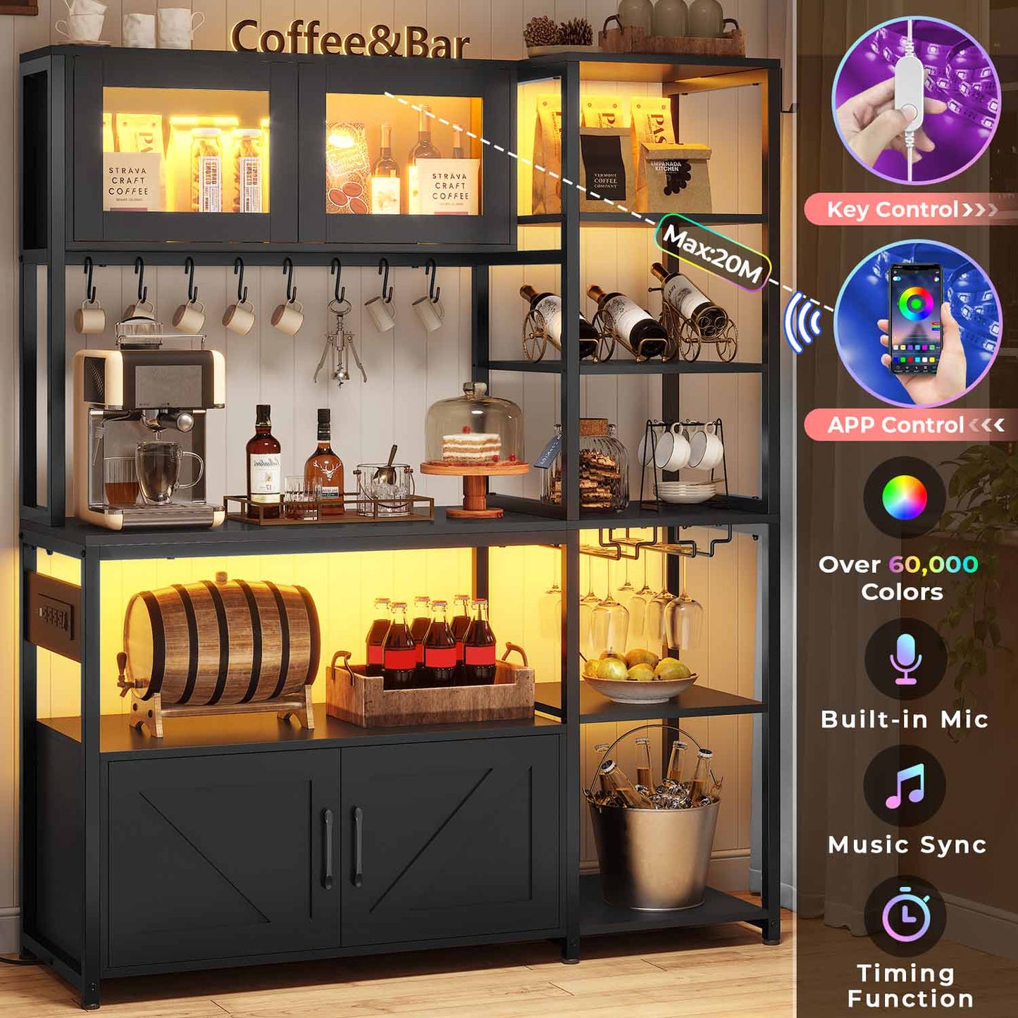 45.3 Inches Farmhouse Coffee Bar with Power Outlet Black