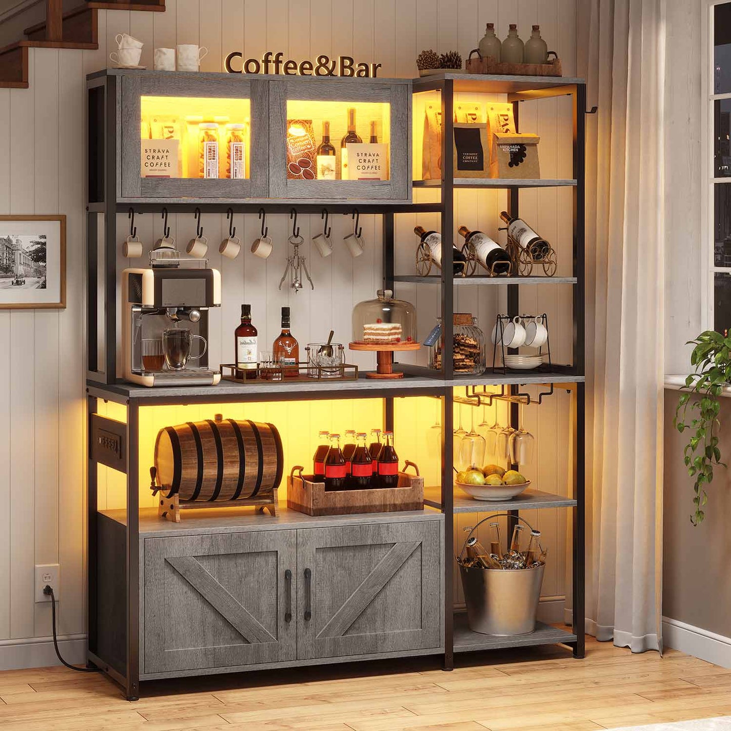45.3 Inches Farmhouse Coffee Bar with Power Outlet Grey