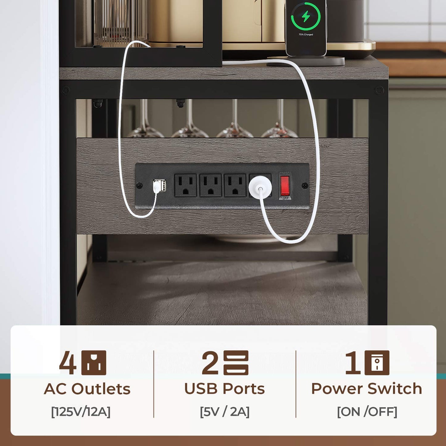 45.3 Inches Farmhouse Coffee Bar with Power Outlet Grey