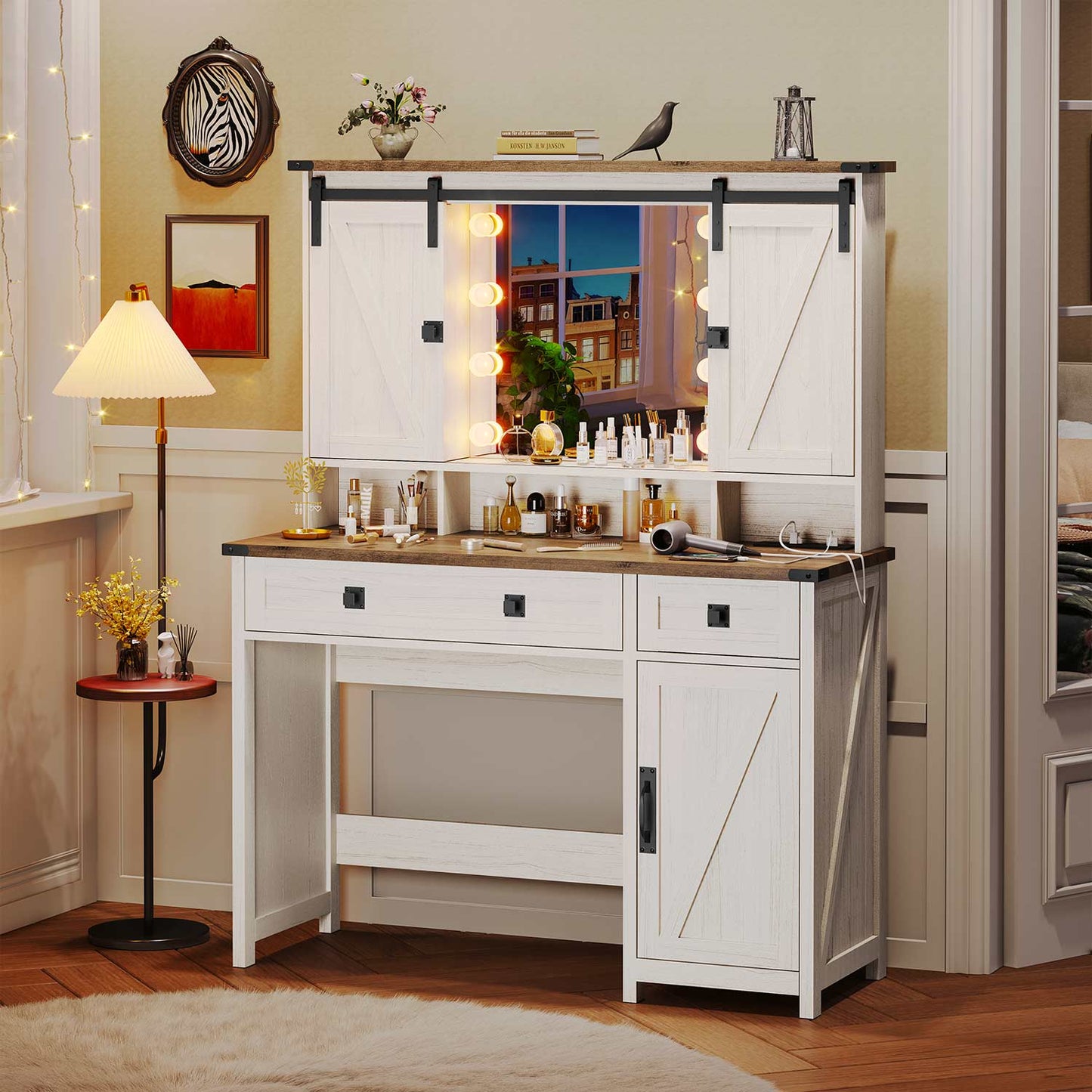 Makeup Vanity with LED Sliding Mirror Charging Station White