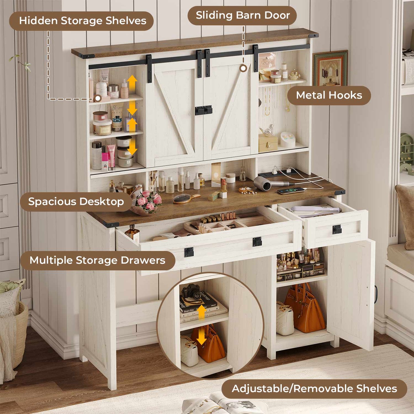 Makeup Vanity with LED Sliding Mirror Charging Station White