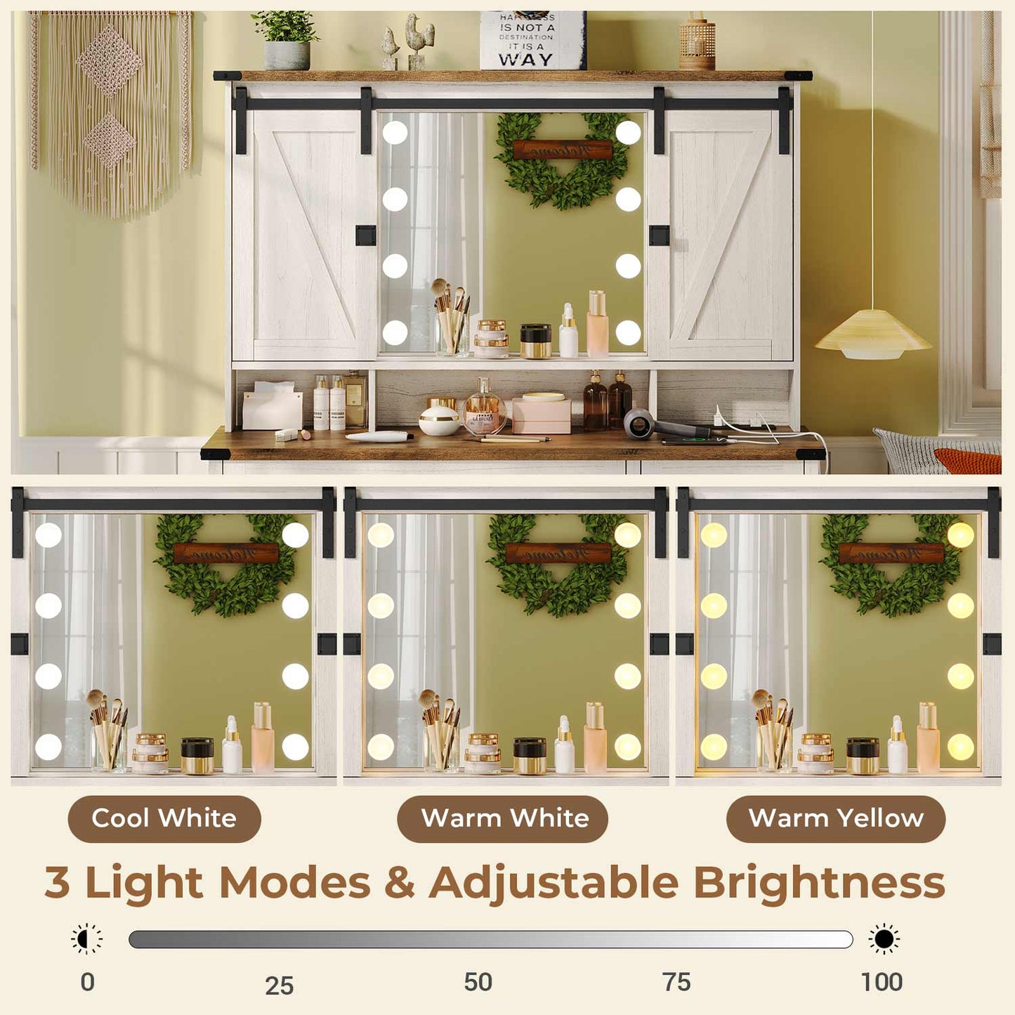 Makeup Vanity with LED Sliding Mirror Charging Station White