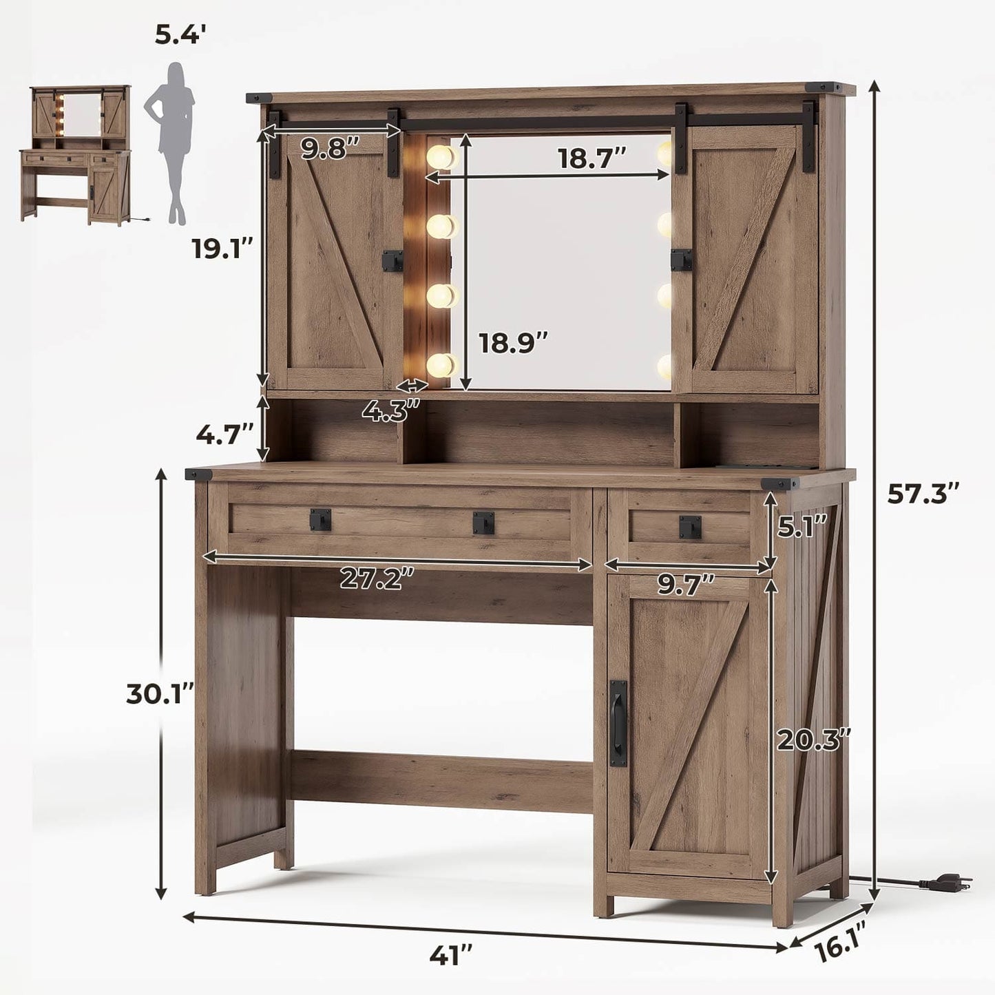 Makeup Vanity with LED Mirror Sliding Barn Doors Brown