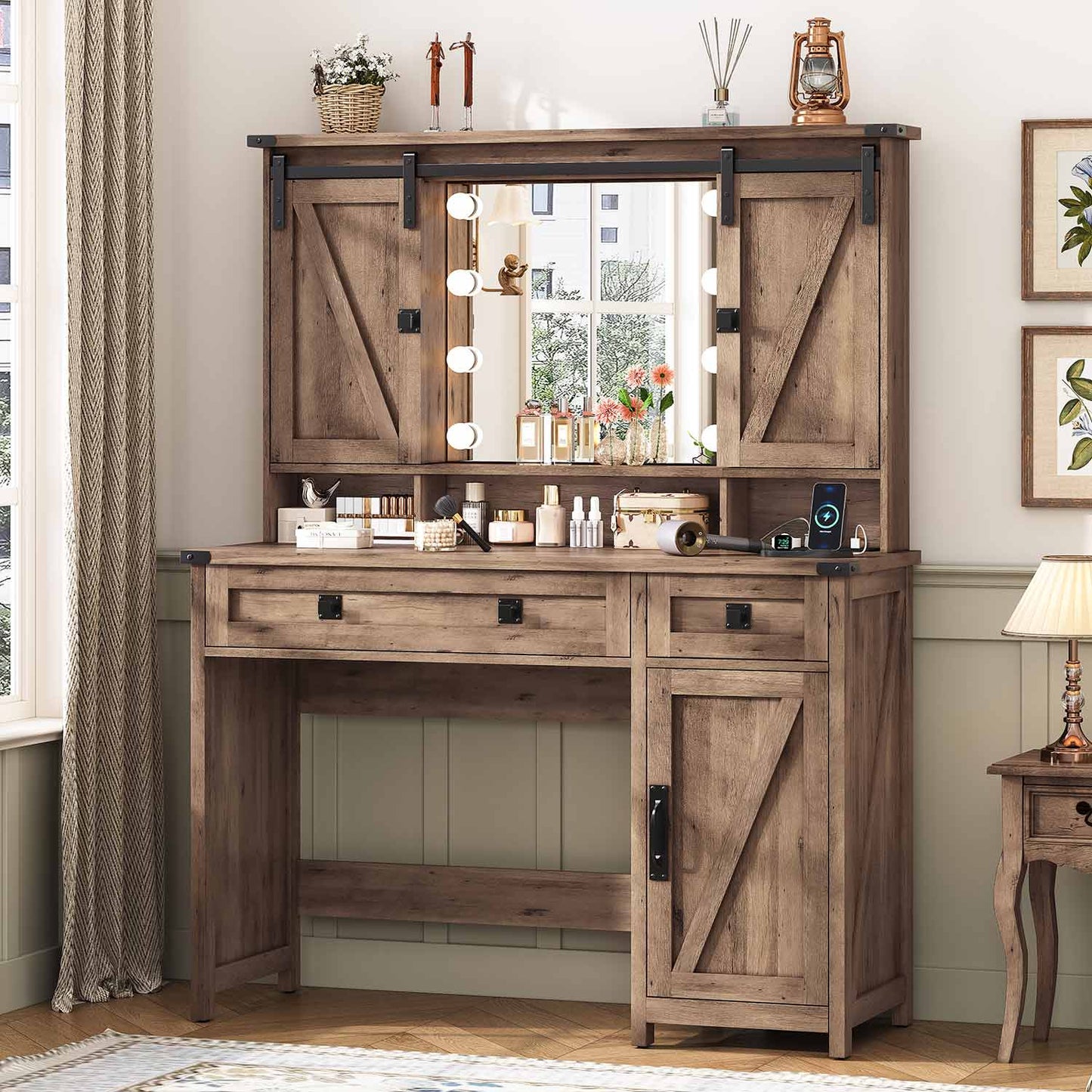 Makeup Vanity with LED Mirror Sliding Barn Doors Brown
