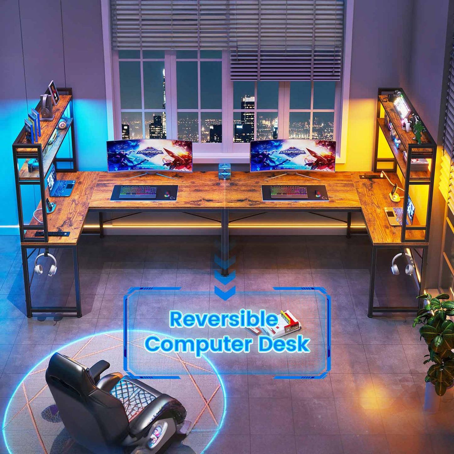 45.3 Inches LED Reversible Gaming Desk Brown