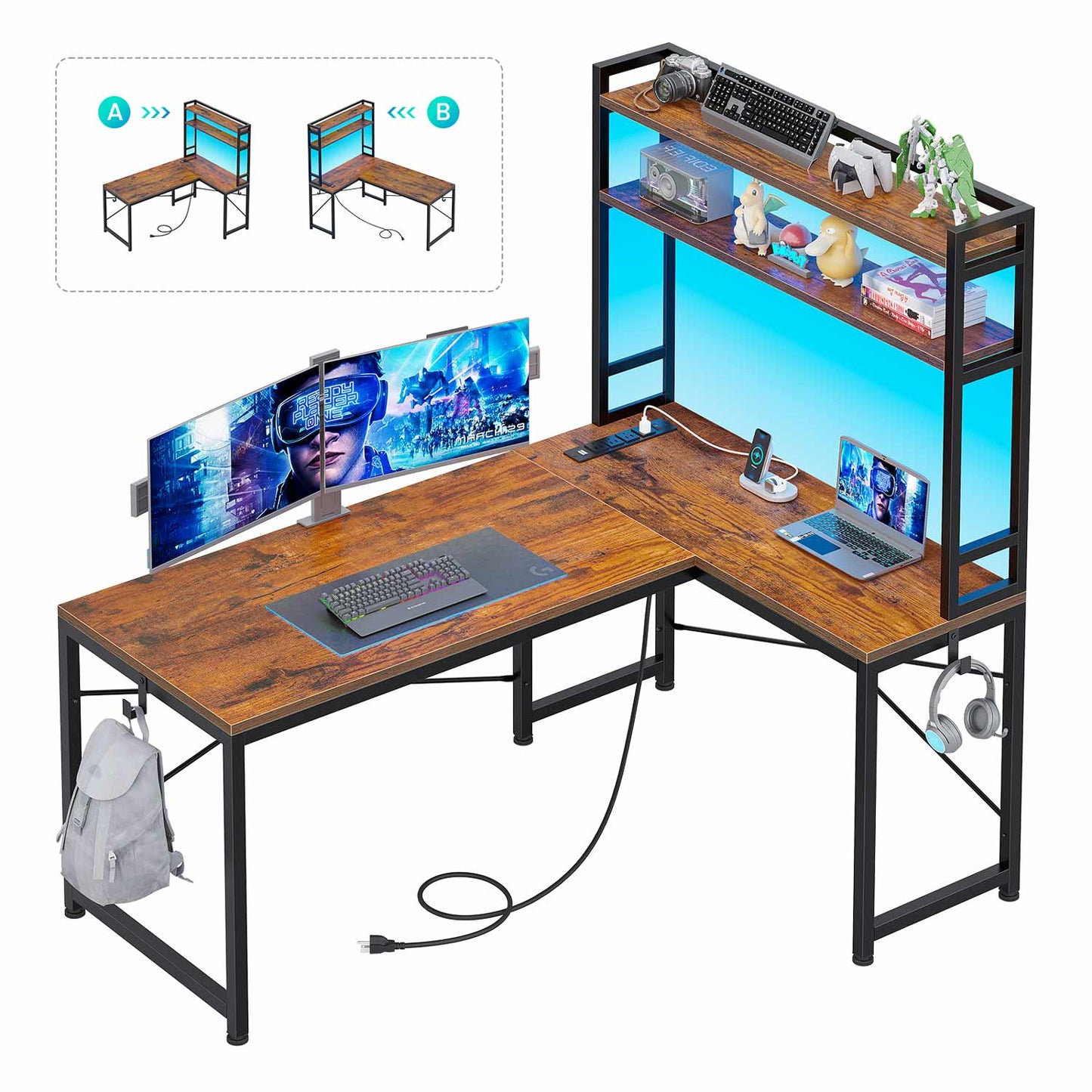 45.3 Inches LED Reversible Gaming Desk Brown