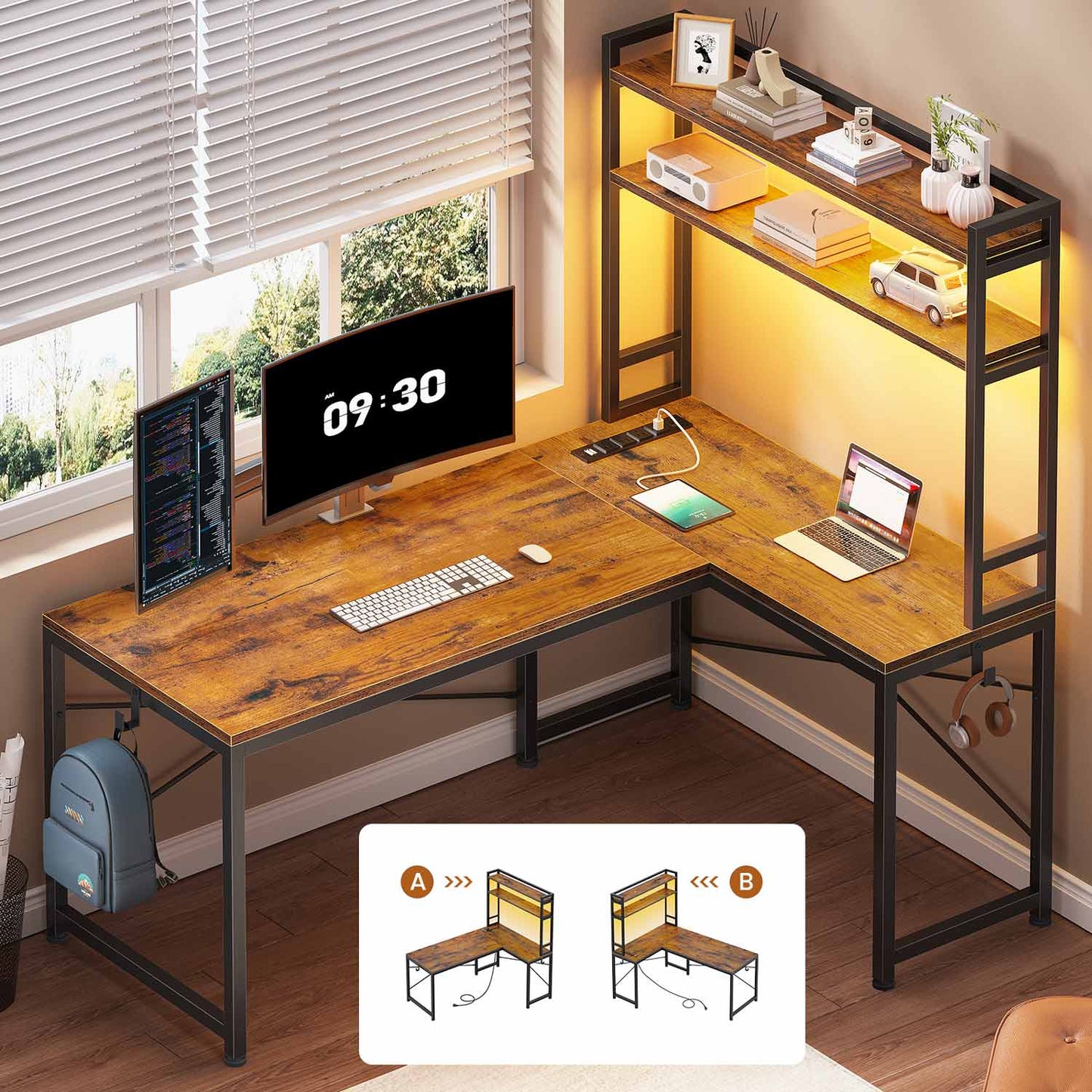45.3 Inches LED Reversible Gaming Desk Brown