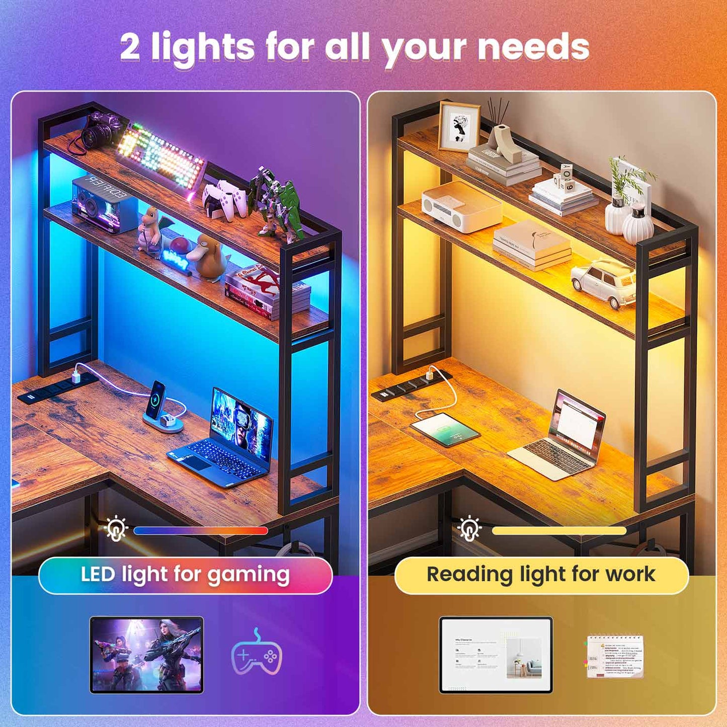 45.3 Inches LED Reversible Gaming Desk Brown