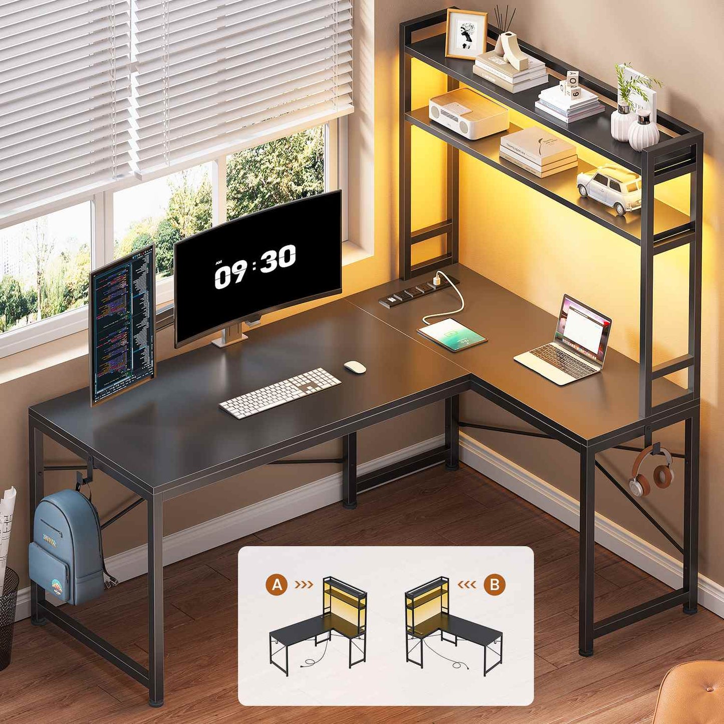 45.3 Inches LED Reversible Gaming Desk Black