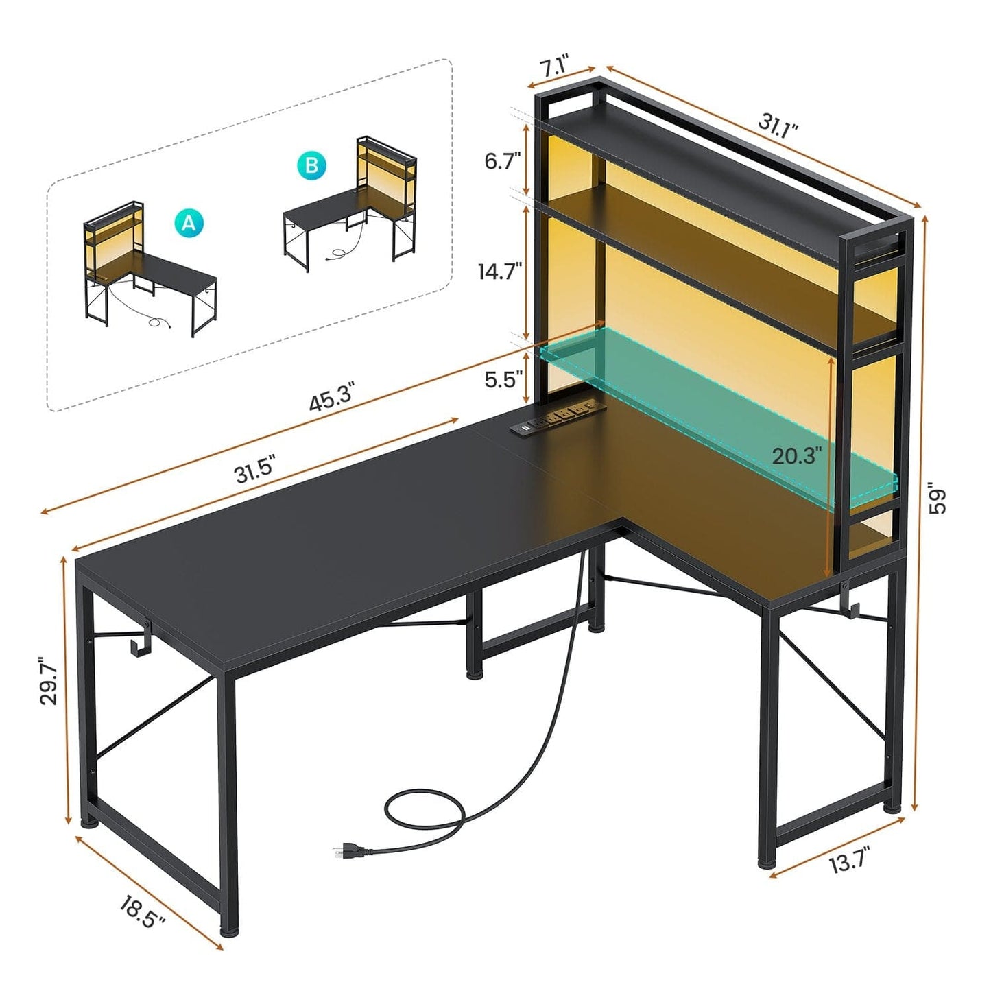 45.3 Inches LED Reversible Gaming Desk Black