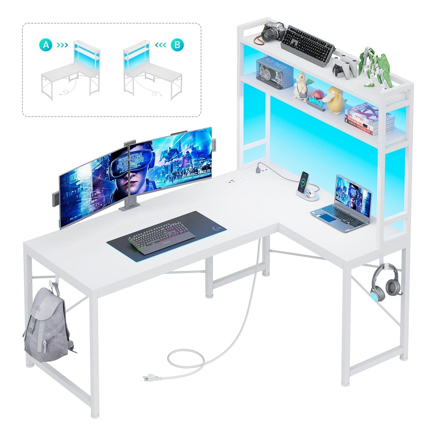 45.3 Inches LED Reversible Gaming Desk White