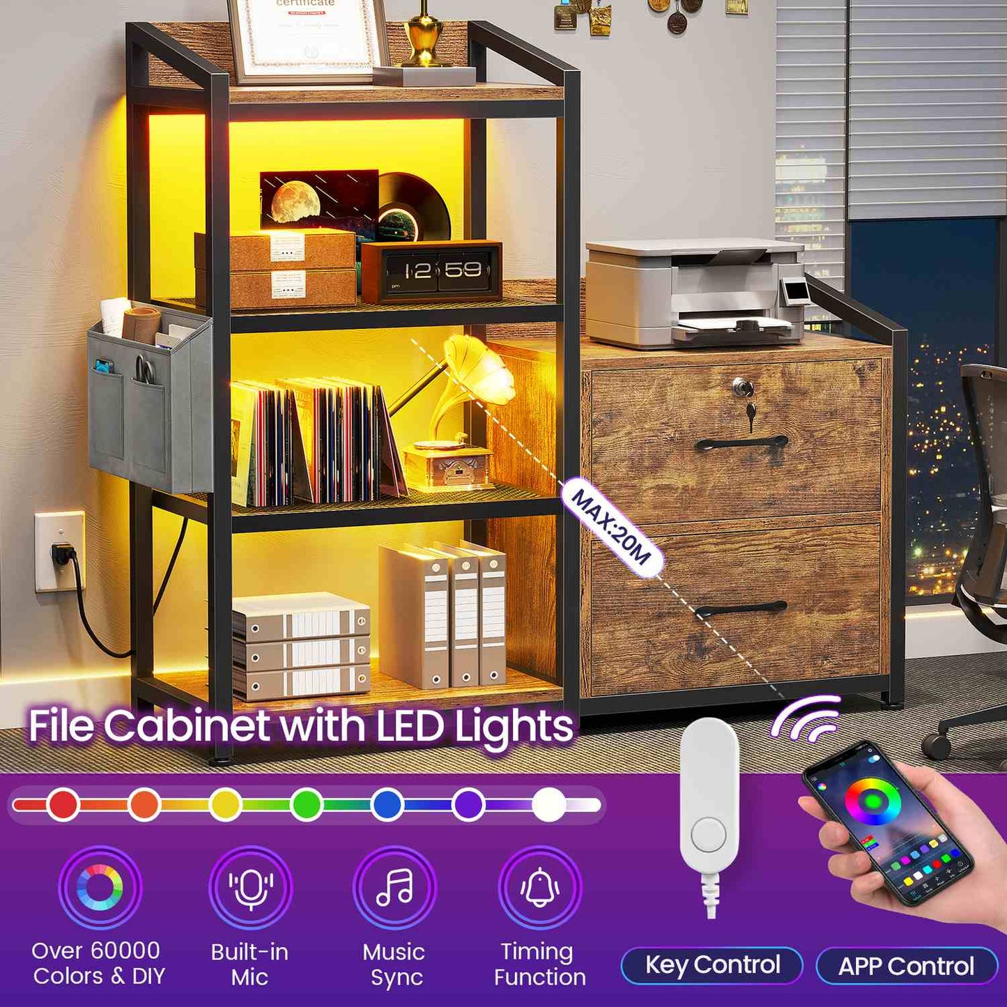35.4 inches LED File Cabinet Brown