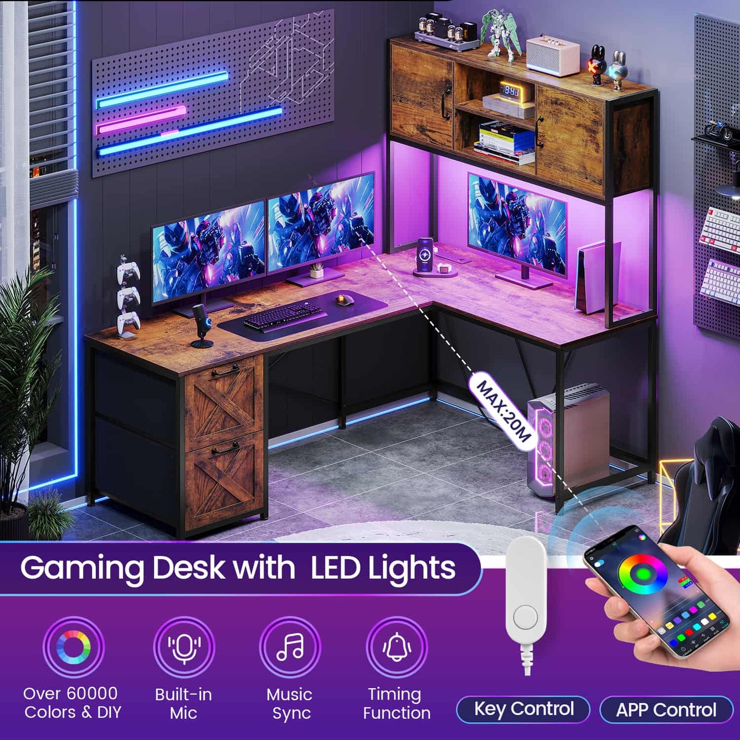 86.6 Inches LED L Shaped Gaming Desk Brown