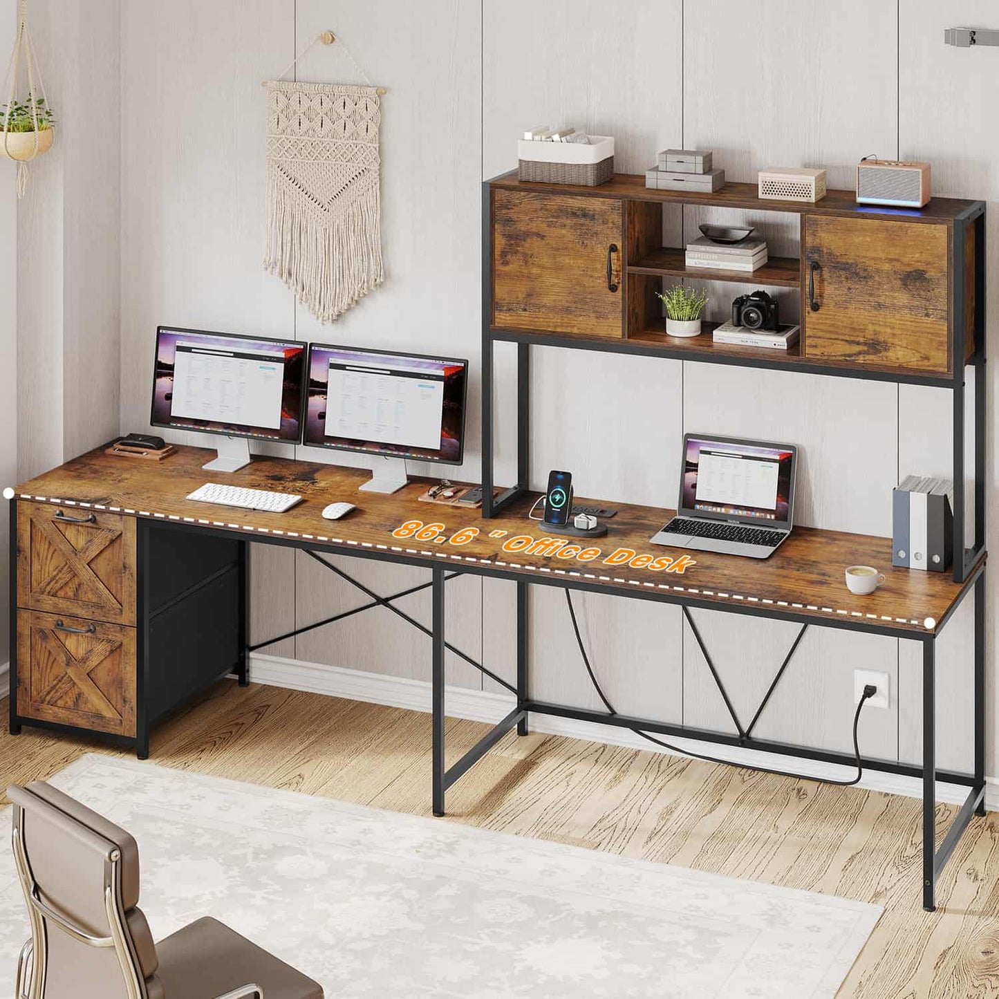 86.6 Inches LED L Shaped Gaming Desk Brown