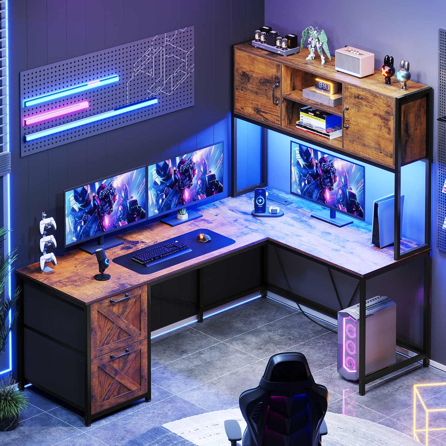 86.6 Inches LED L Shaped Gaming Desk Brown