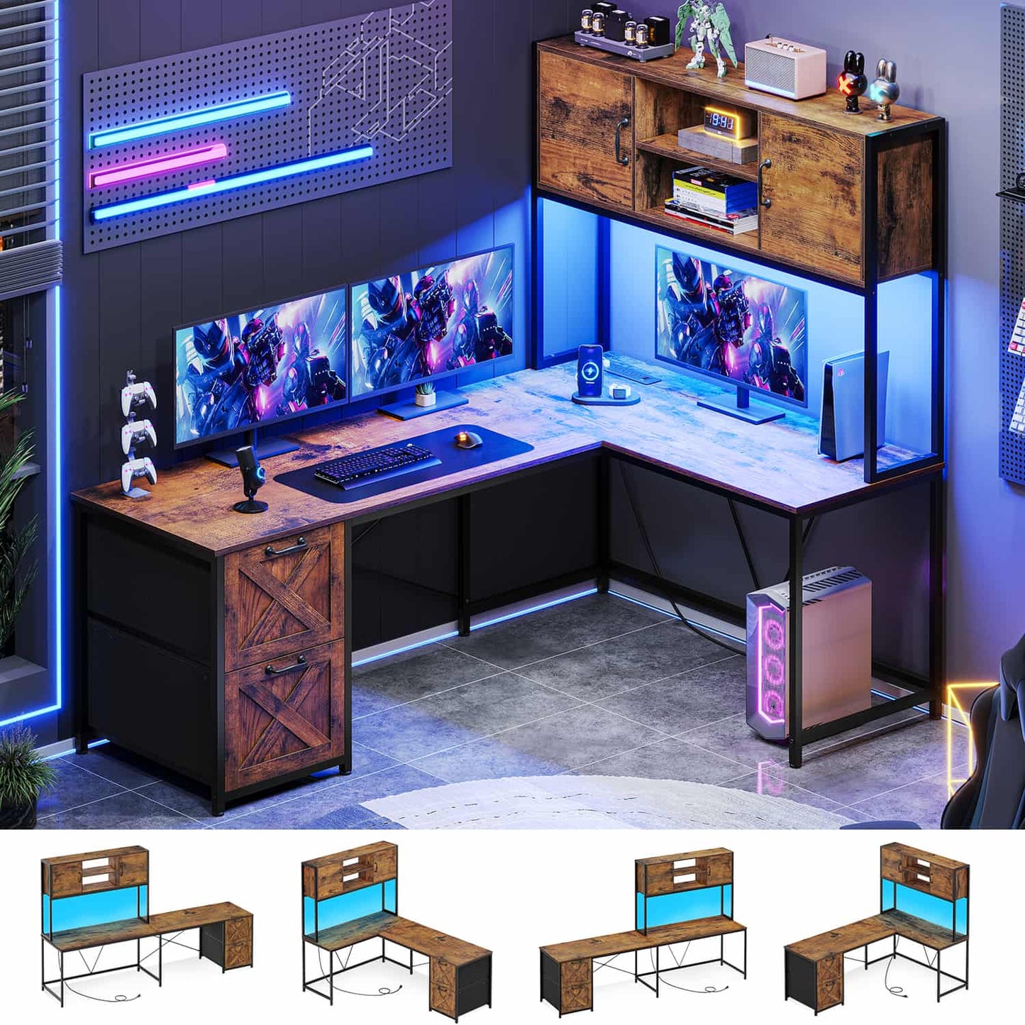86.6 Inches LED L Shaped Gaming Desk Brown
