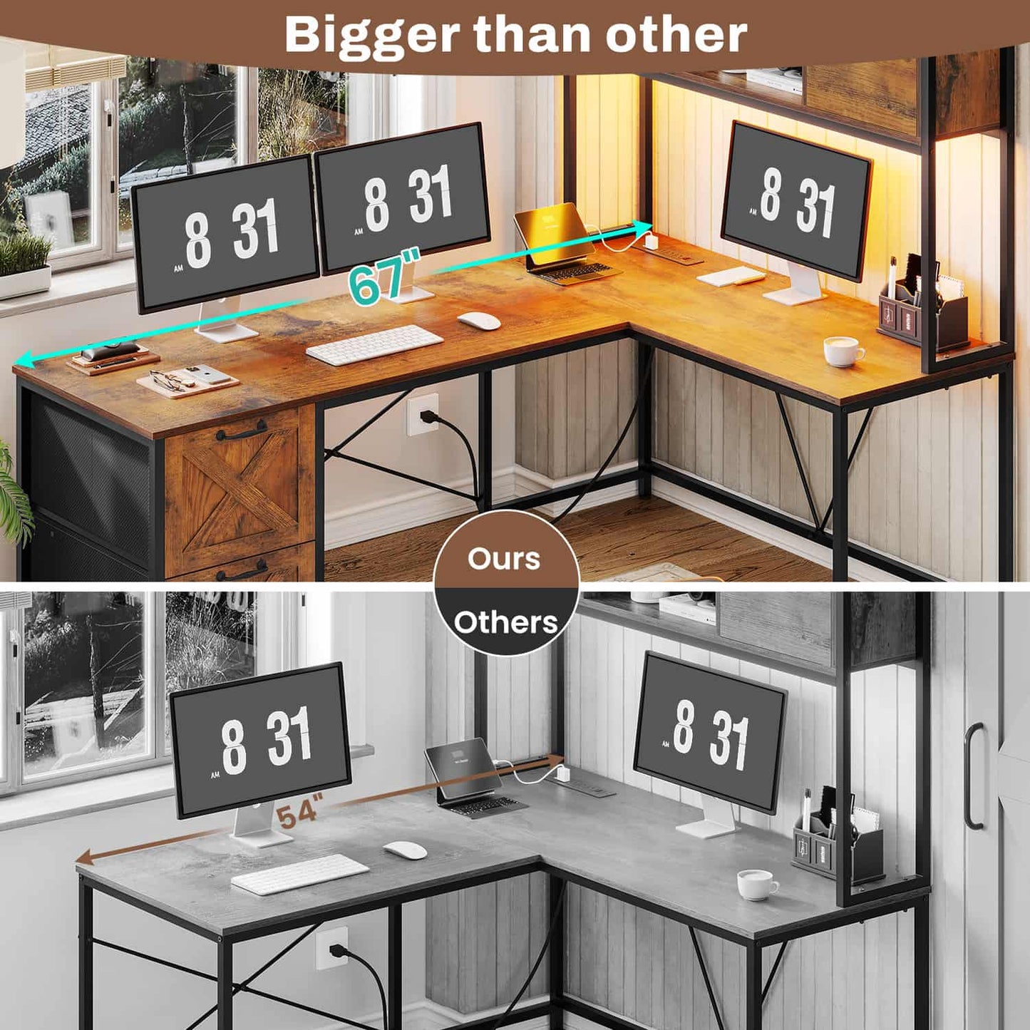 86.6 Inches LED L Shaped Gaming Desk Brown