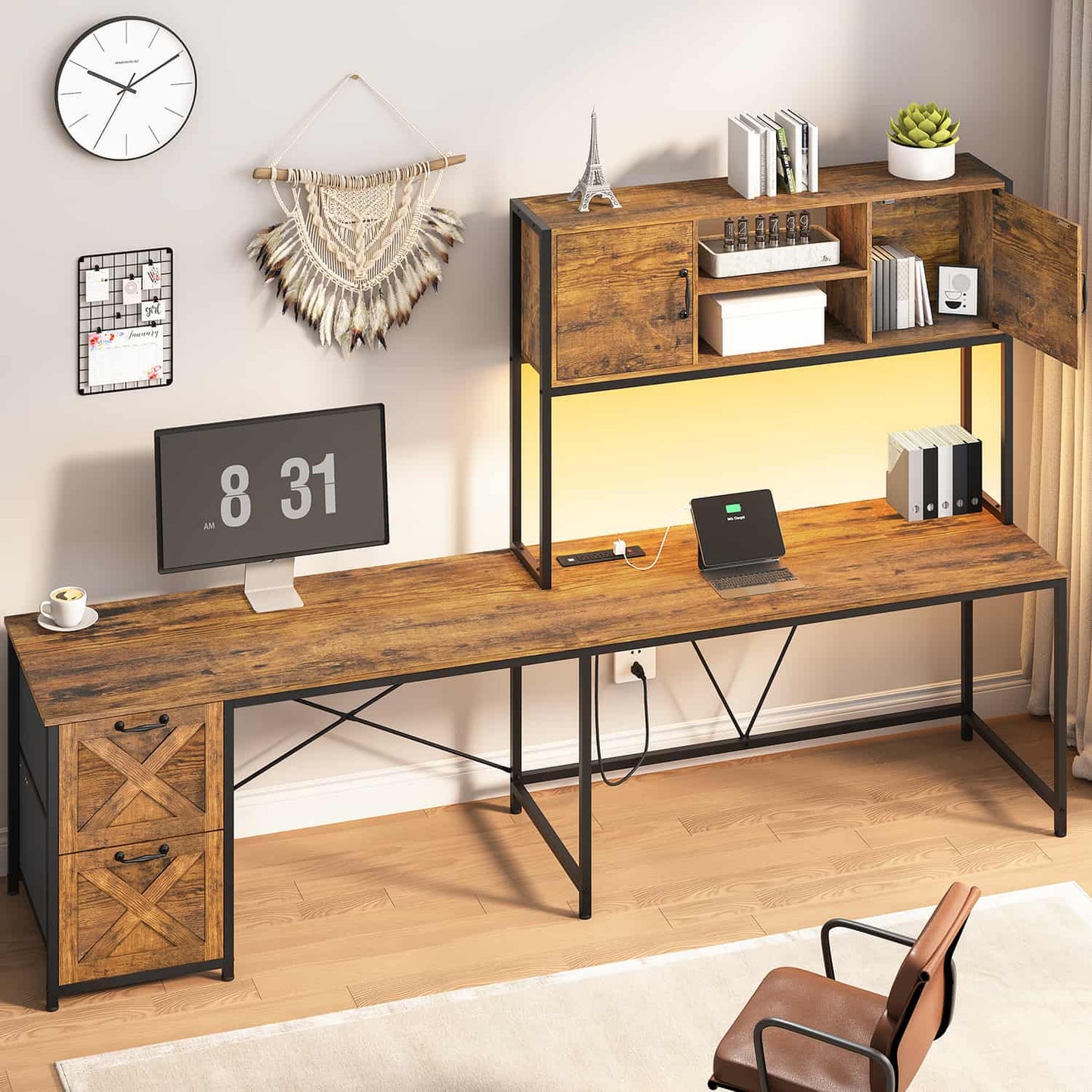 86.6 Inches LED L Shaped Gaming Desk Brown