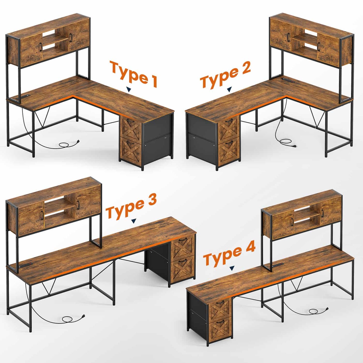 86.6 Inches LED L Shaped Gaming Desk Brown