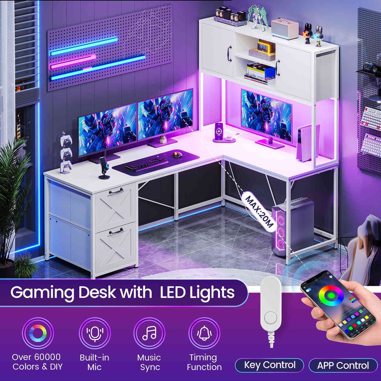 86.6 Inches LED L Shaped Gaming Desk White