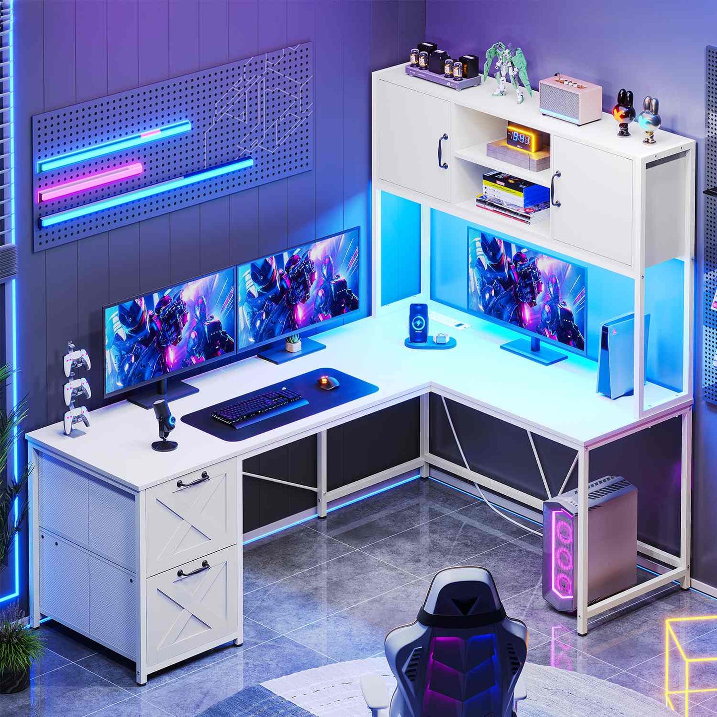 86.6 Inches LED L Shaped Gaming Desk White