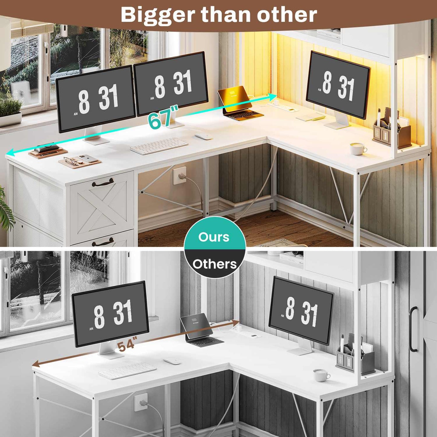 86.6 Inches LED L Shaped Gaming Desk White