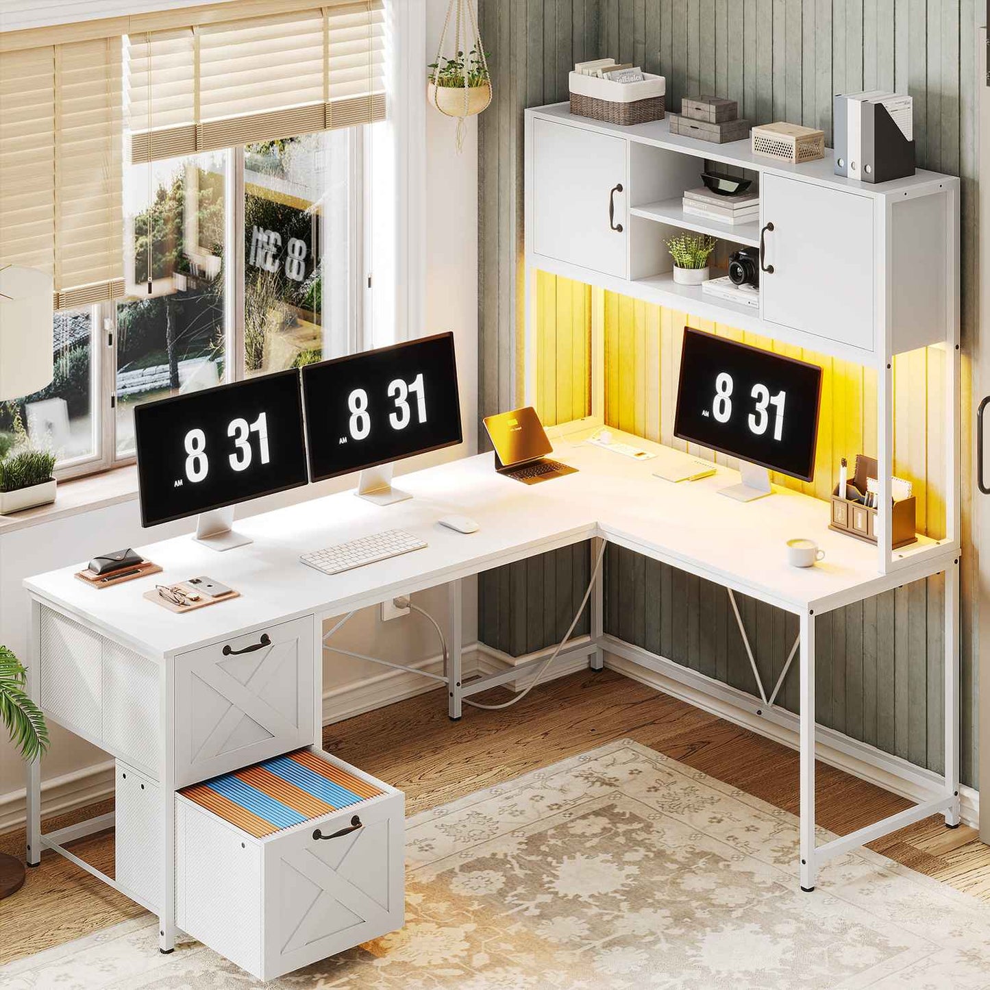 86.6 Inches LED L Shaped Gaming Desk White