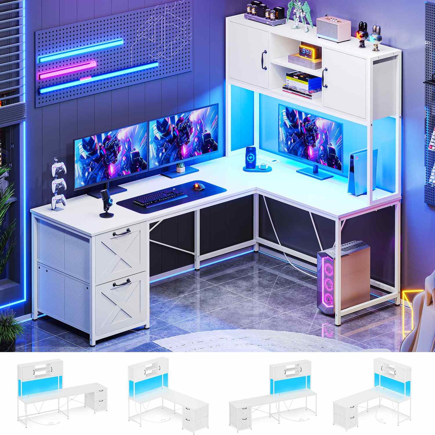 86.6 Inches LED L Shaped Gaming Desk White