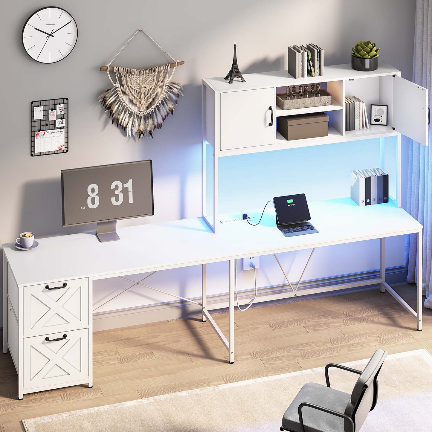 86.6 Inches LED L Shaped Gaming Desk White