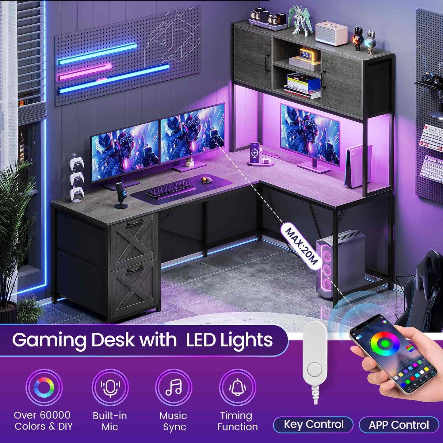 86.6 Inches LED L Shaped Gaming Desk Grey