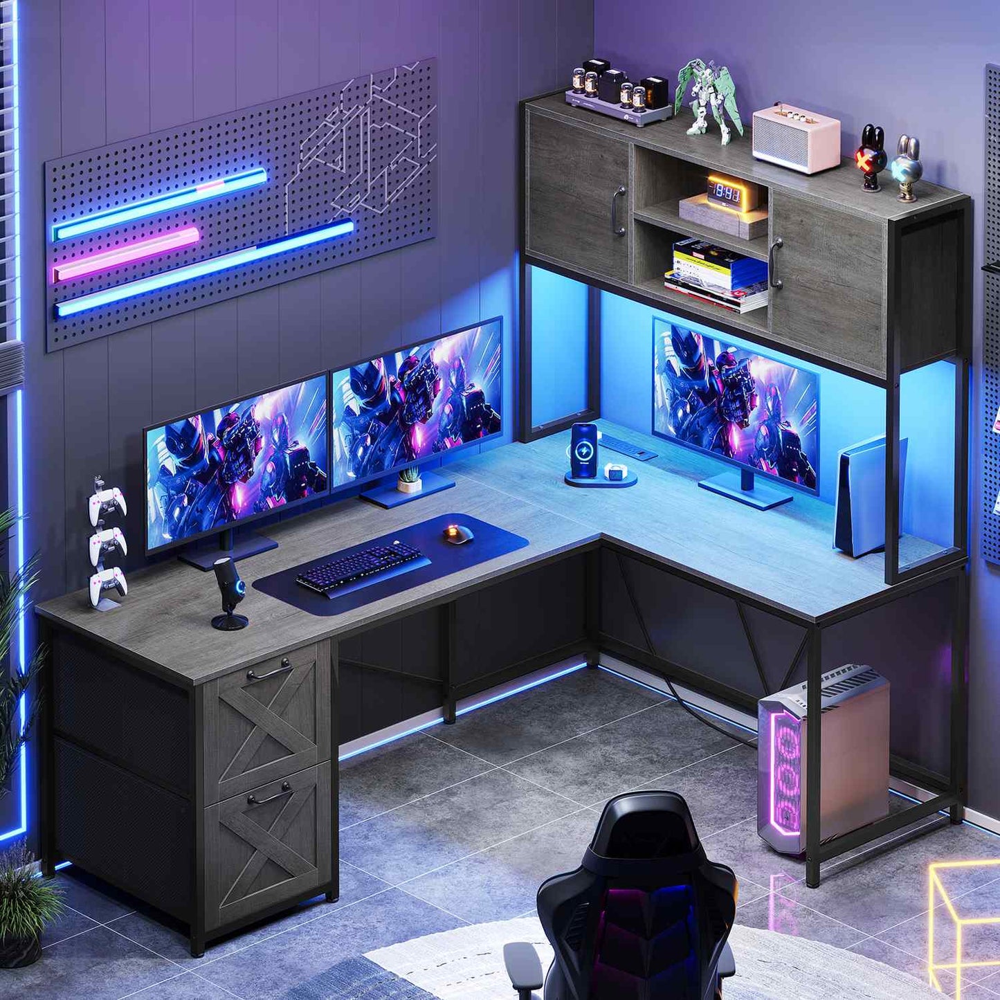 86.6 Inches LED L Shaped Gaming Desk Grey