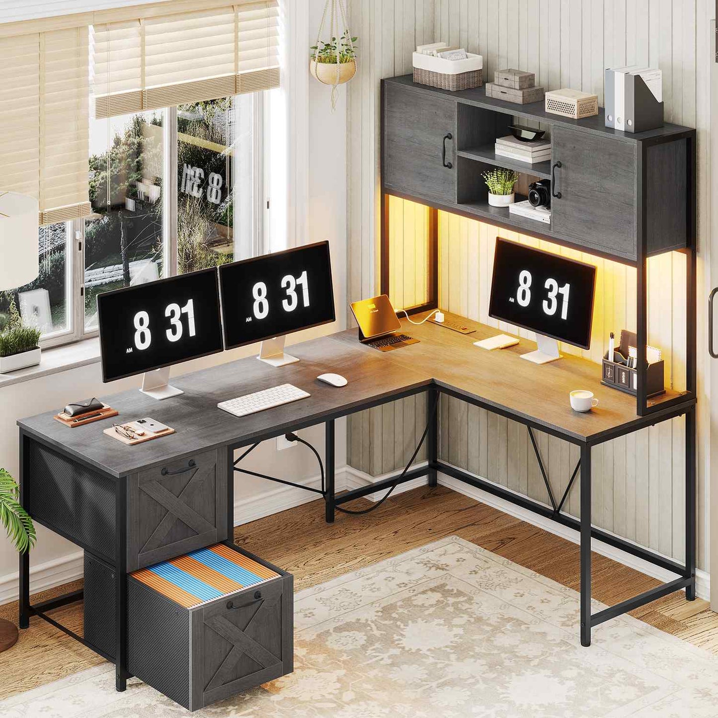 86.6 Inches LED L Shaped Gaming Desk Grey