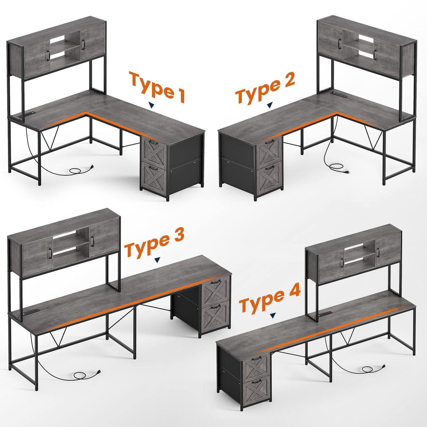 86.6 Inches LED L Shaped Gaming Desk Grey
