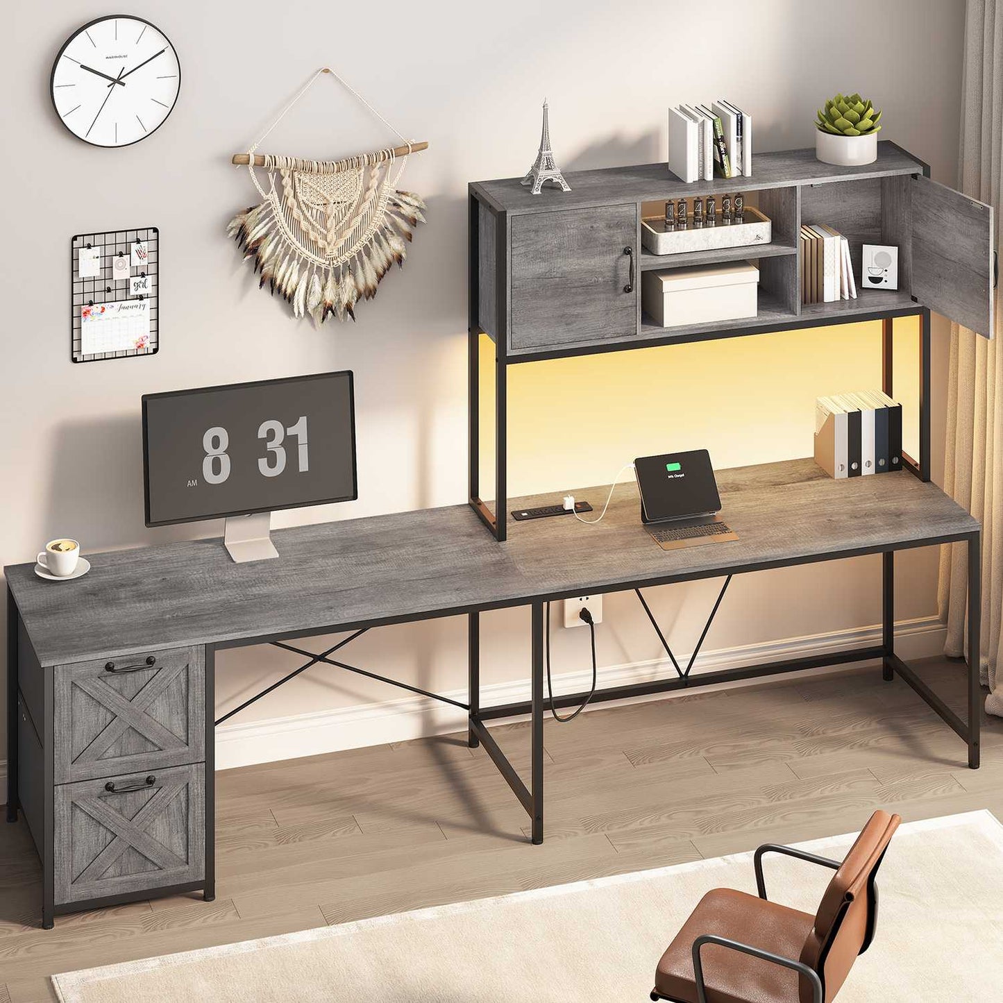 86.6 Inches LED L Shaped Gaming Desk Grey