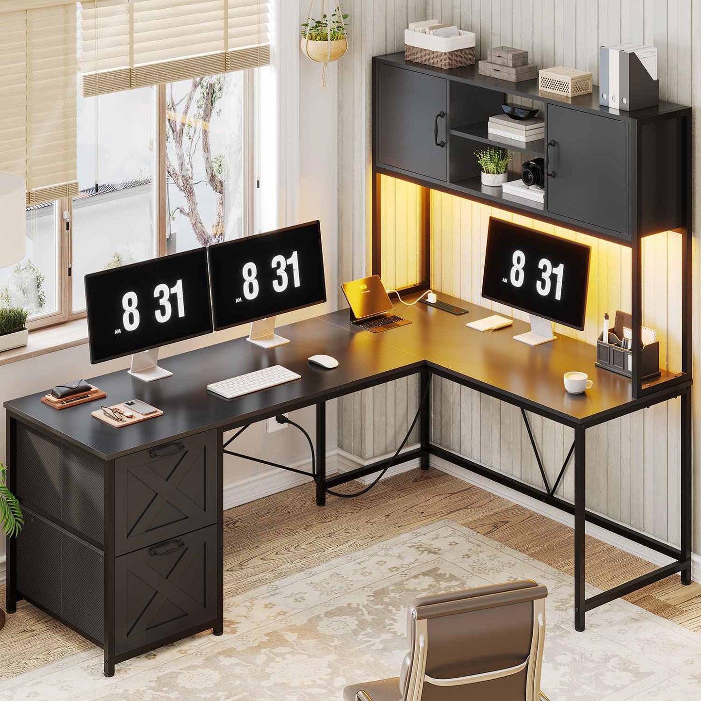 86.6 Inches LED L Shaped Gaming Desk Black