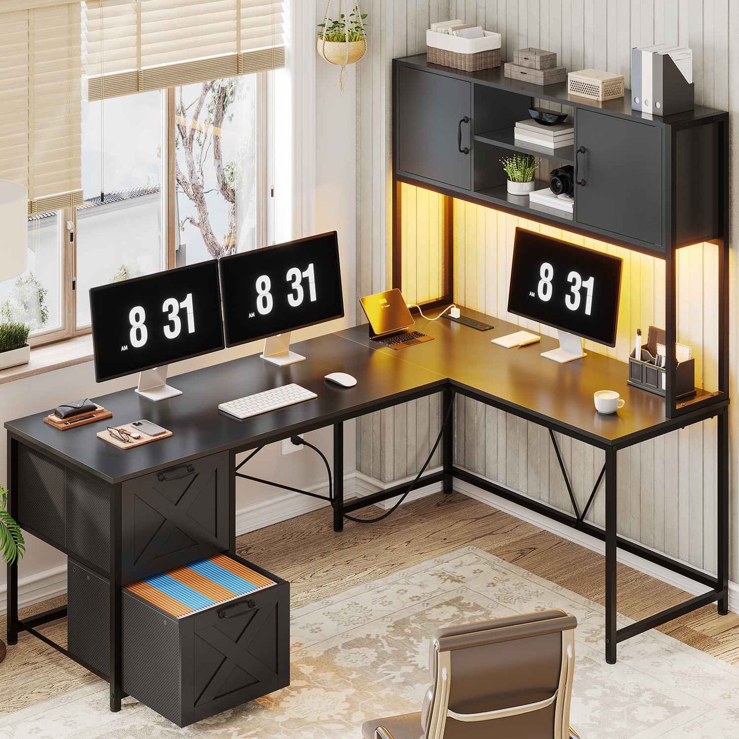 86.6 Inches LED L Shaped Gaming Desk Black