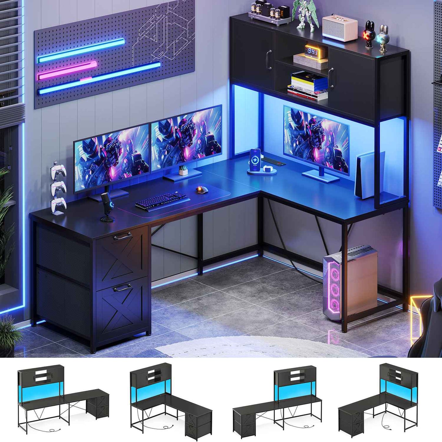 86.6 Inches LED L Shaped Gaming Desk Black