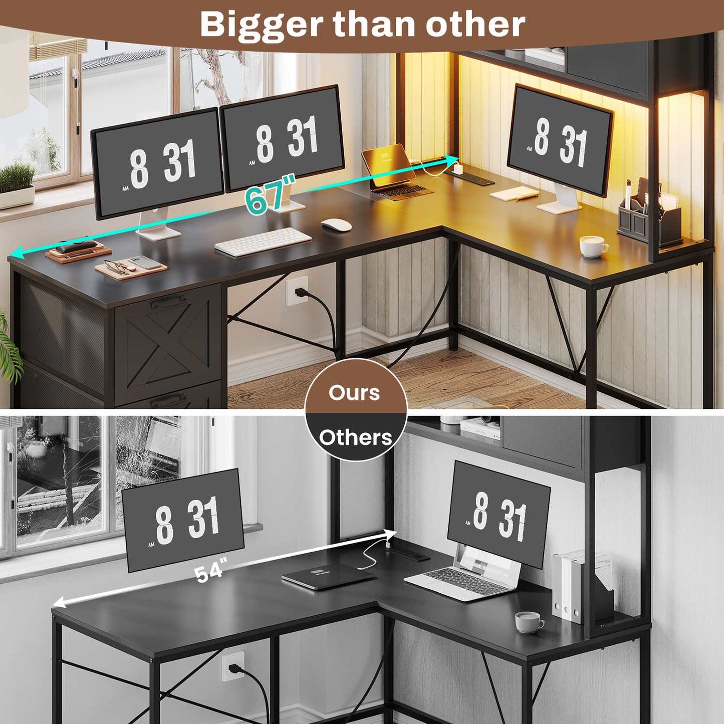 86.6 Inches LED L Shaped Gaming Desk Black