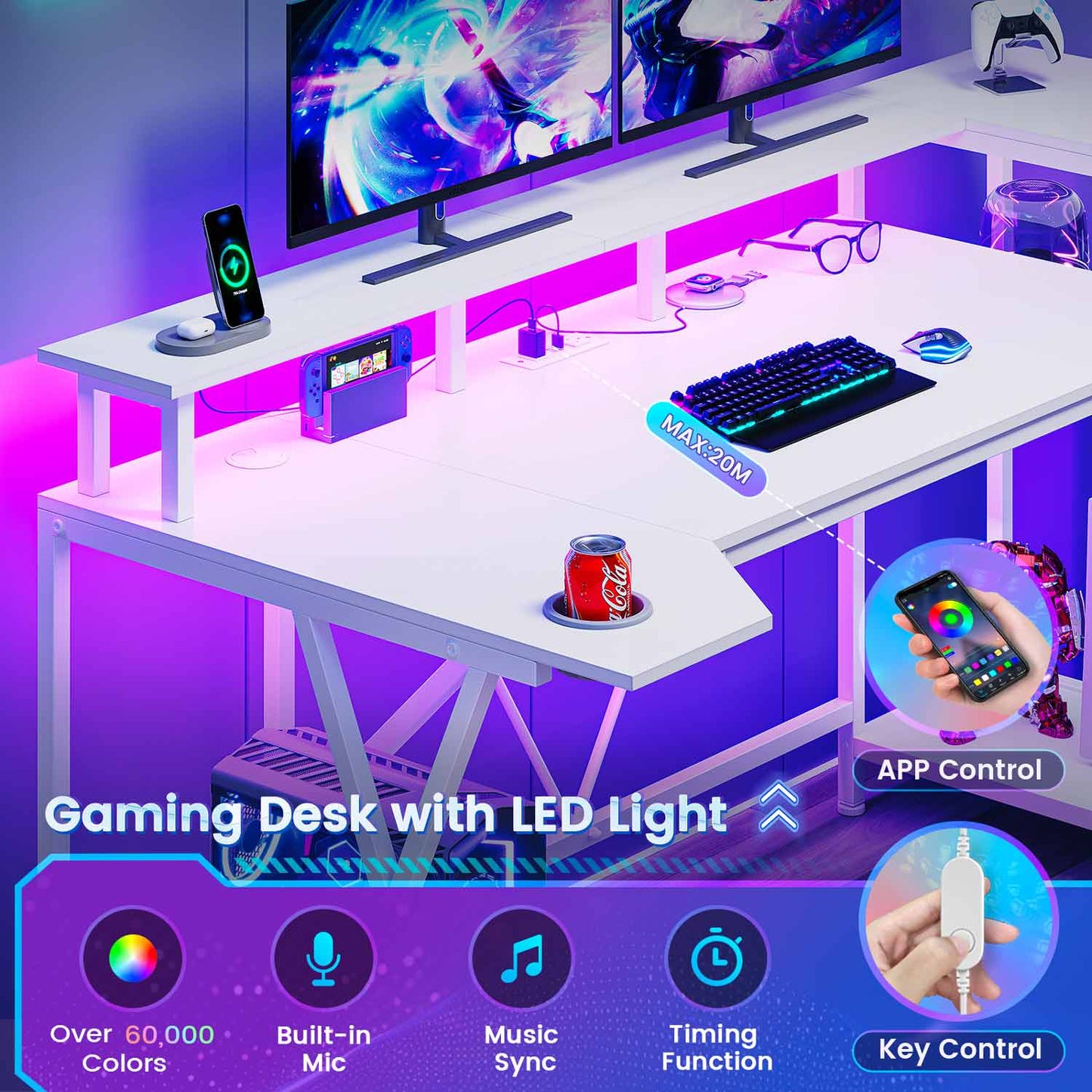 55 Inches PC Gaming Desk with Storage Shelves White