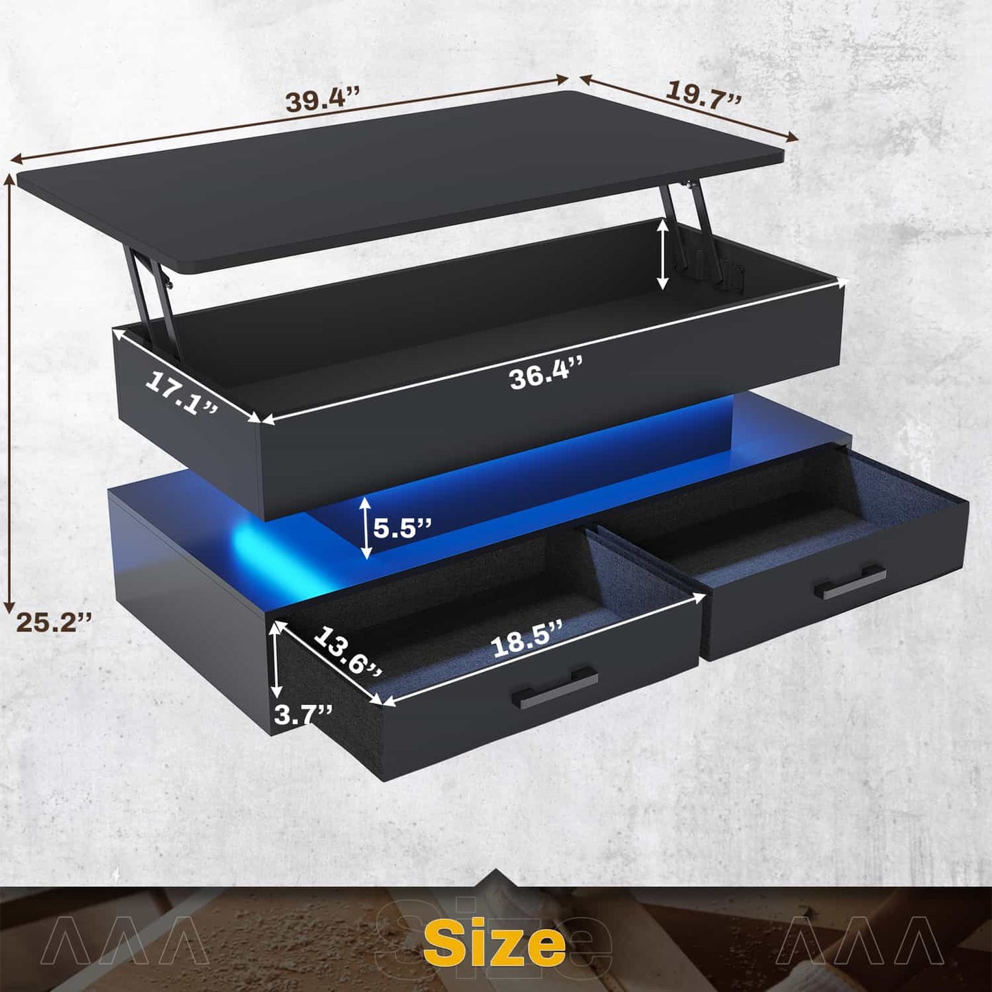 40 Inches Lift Top Coffee Table with 2 Drawers and LED Lights Black