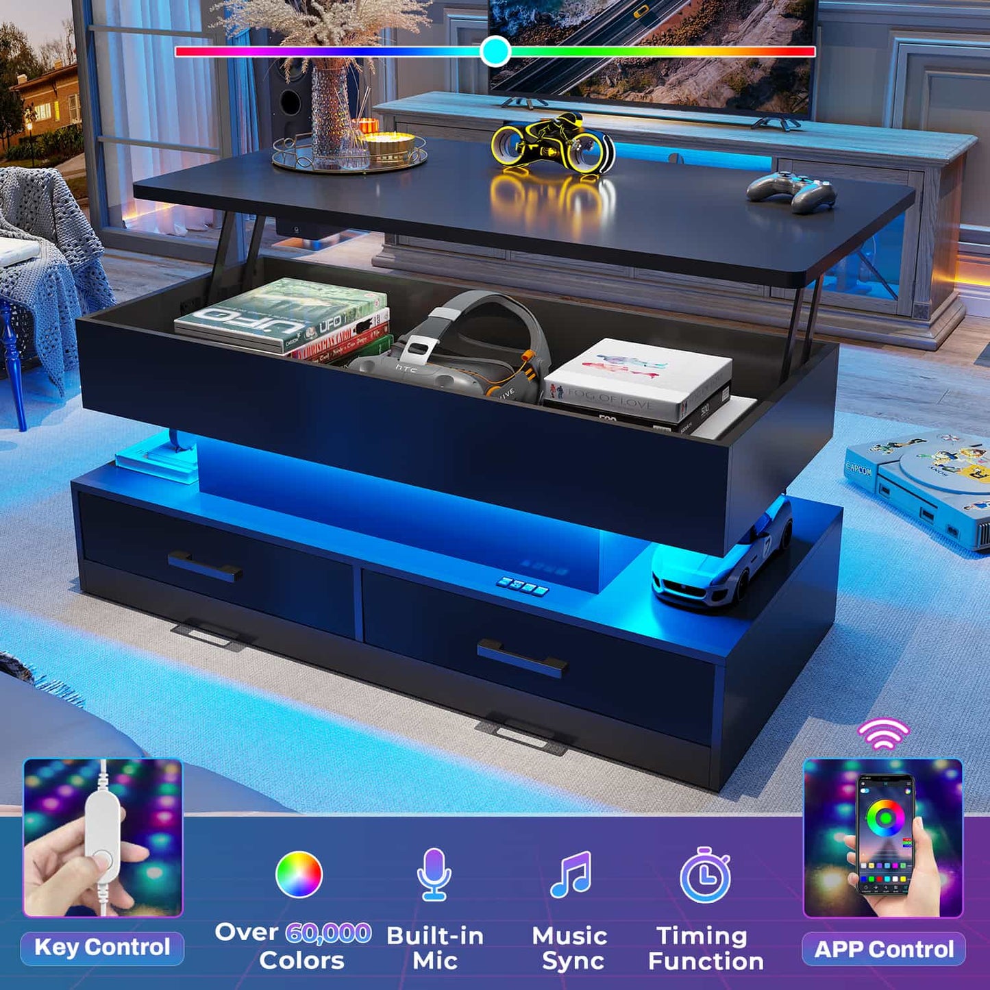 40 Inches Lift Top Coffee Table with 2 Drawers and LED Lights Black
