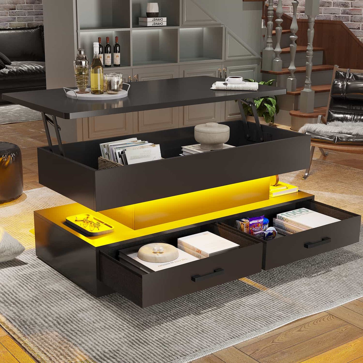 40 Inches Lift Top Coffee Table with 2 Drawers and LED Lights Black