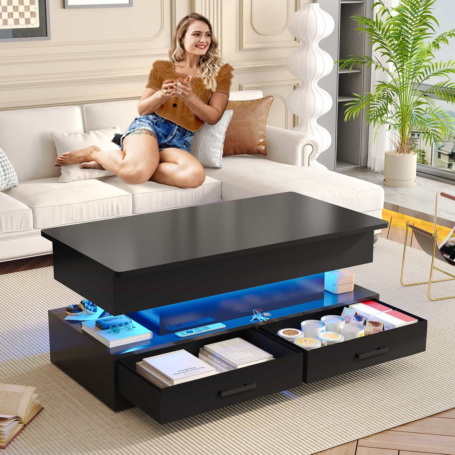 40 Inches Lift Top Coffee Table with 2 Drawers and LED Lights Black