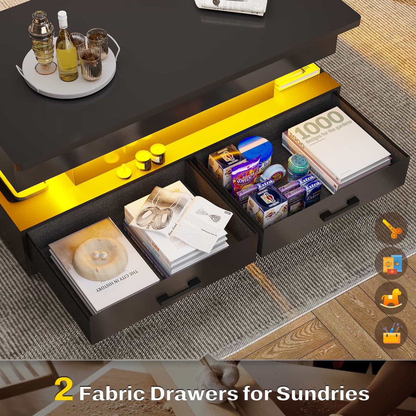 40 Inches Lift Top Coffee Table with 2 Drawers and LED Lights Black