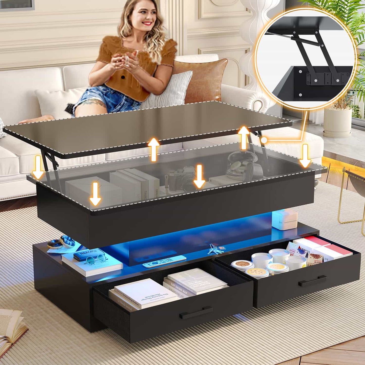 40 Inches Lift Top Coffee Table with 2 Drawers and LED Lights Black